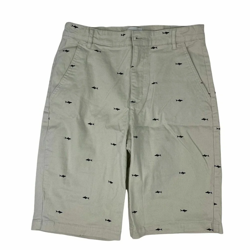 Old Navy Shark Print Chino Shorts Khaki Tan Cotton Blend Adjustable Waist 16 Boy